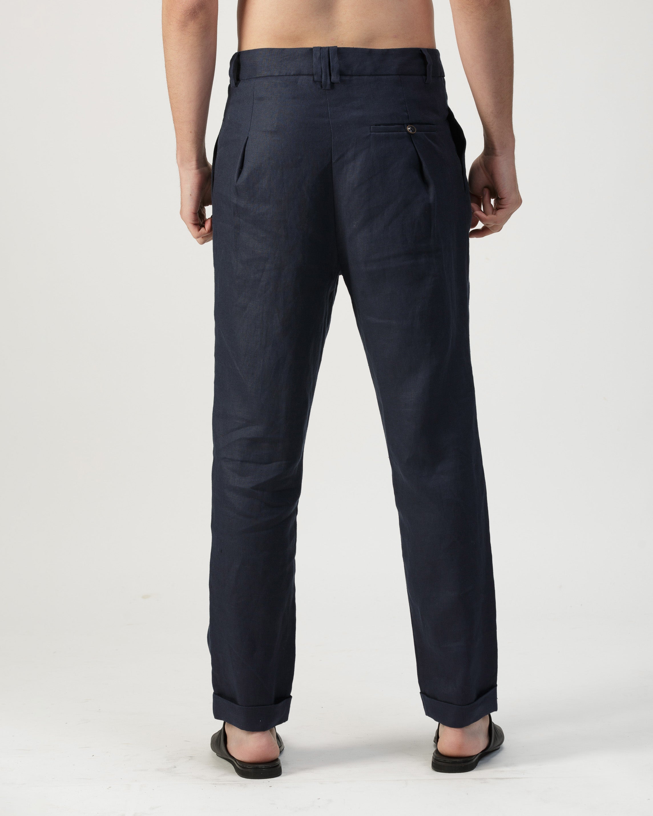 BLUE PLEATED WAISTBAND LINEN PANTS