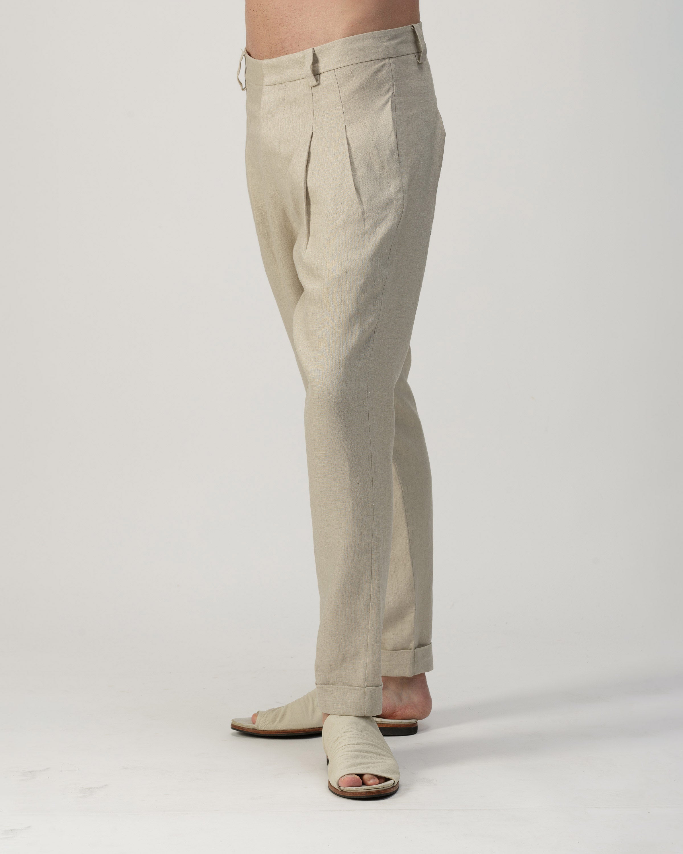 NATURAL PLEATED WAISTBAND LINEN PANTS