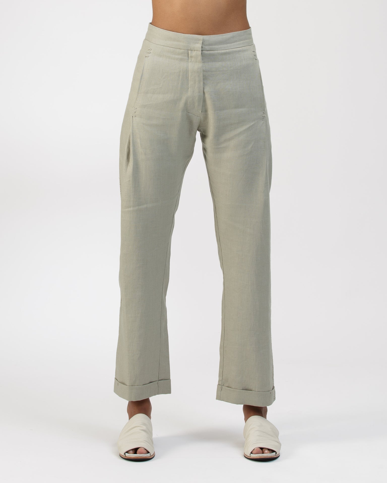 SLIM PRENSES OPENWORK TAUPE TROUSERS IN LINEN