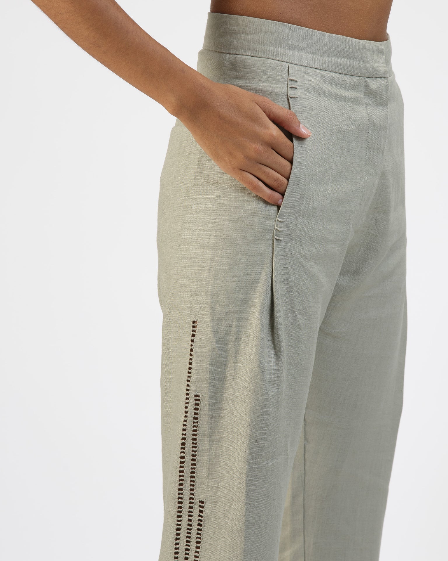 SLIM PRENSES OPENWORK TAUPE TROUSERS IN LINEN
