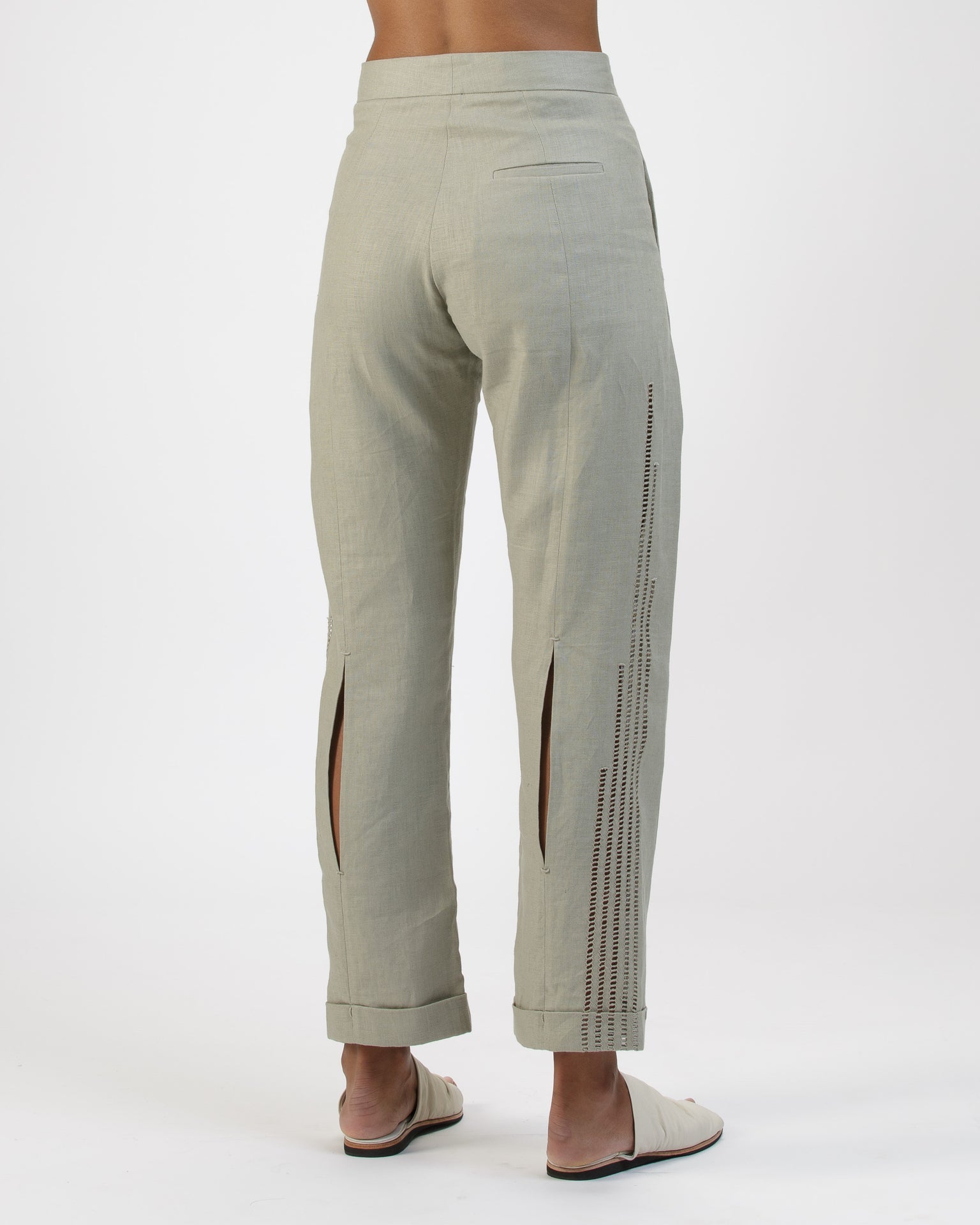 SLIM PRENSES OPENWORK TAUPE TROUSERS IN LINEN