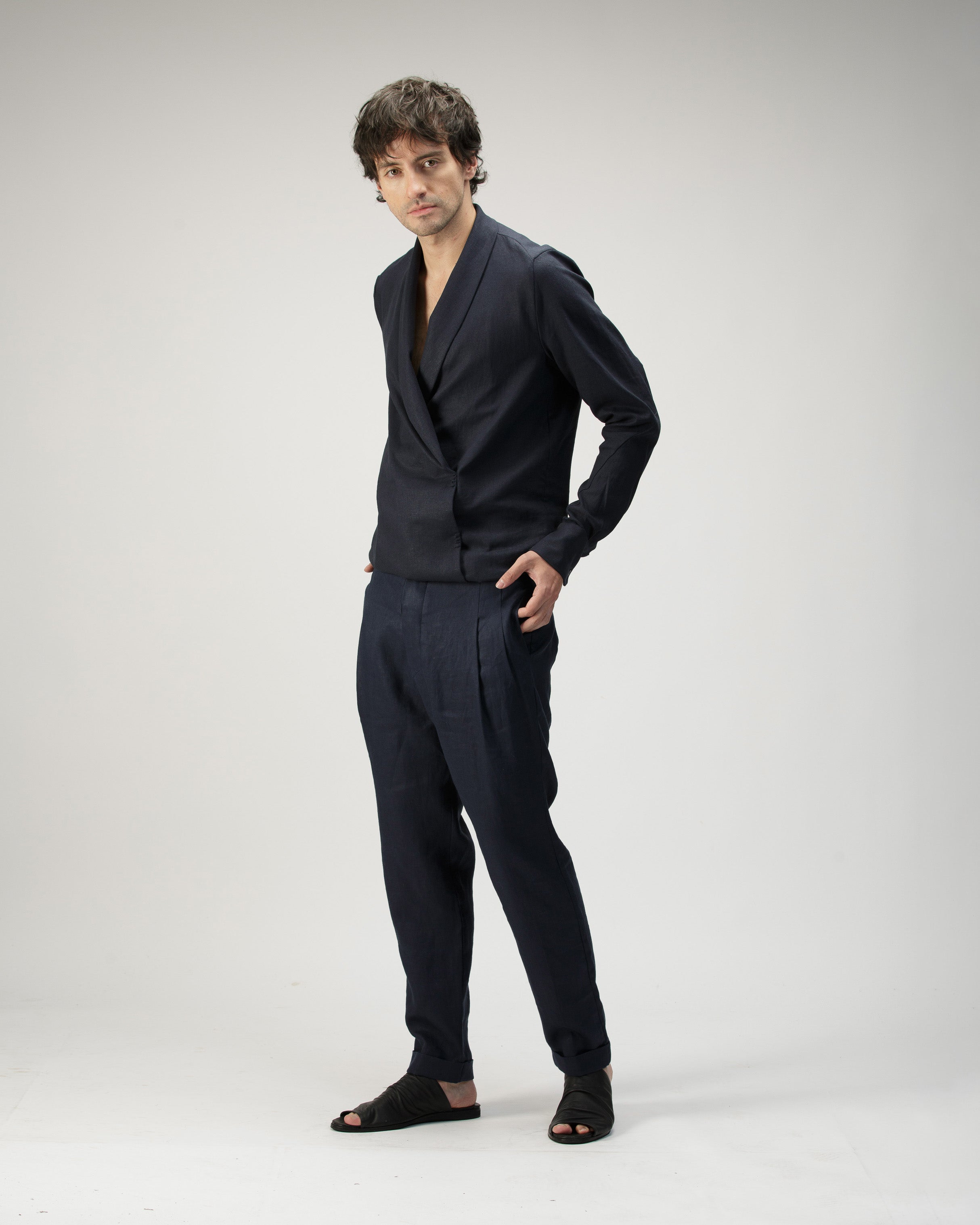 BLUE CROSSED SMOKING  COLLAR SHIRT