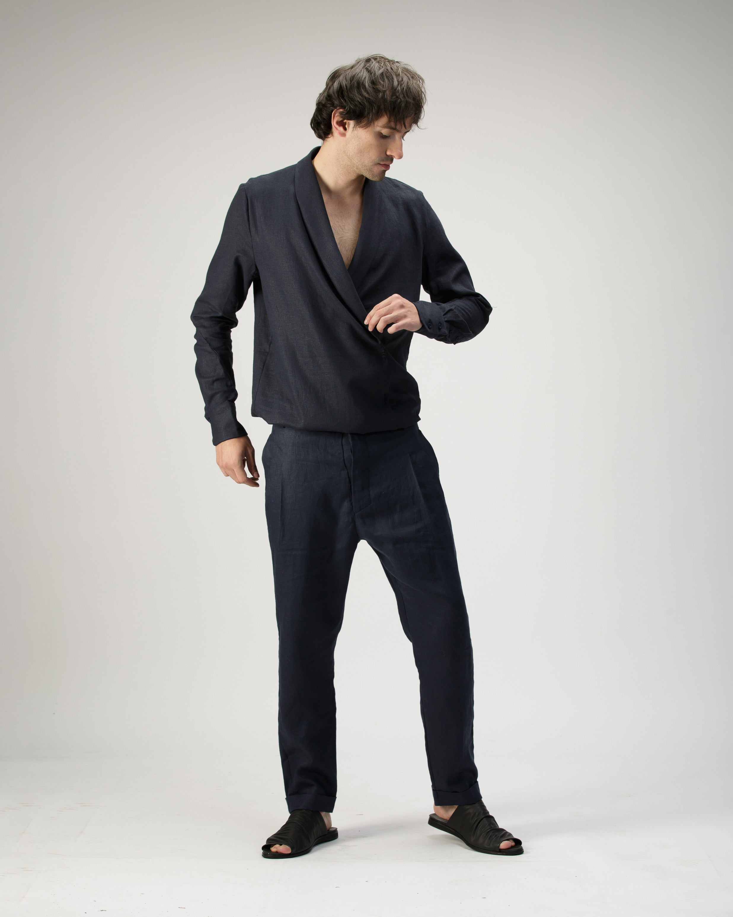 BLUE CROSSED SMOKING  COLLAR SHIRT