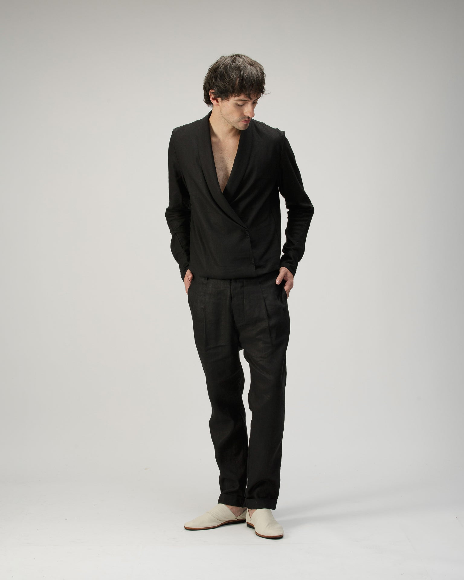 WRAP TUXEDO COLLAR SHIRT IN LINEN