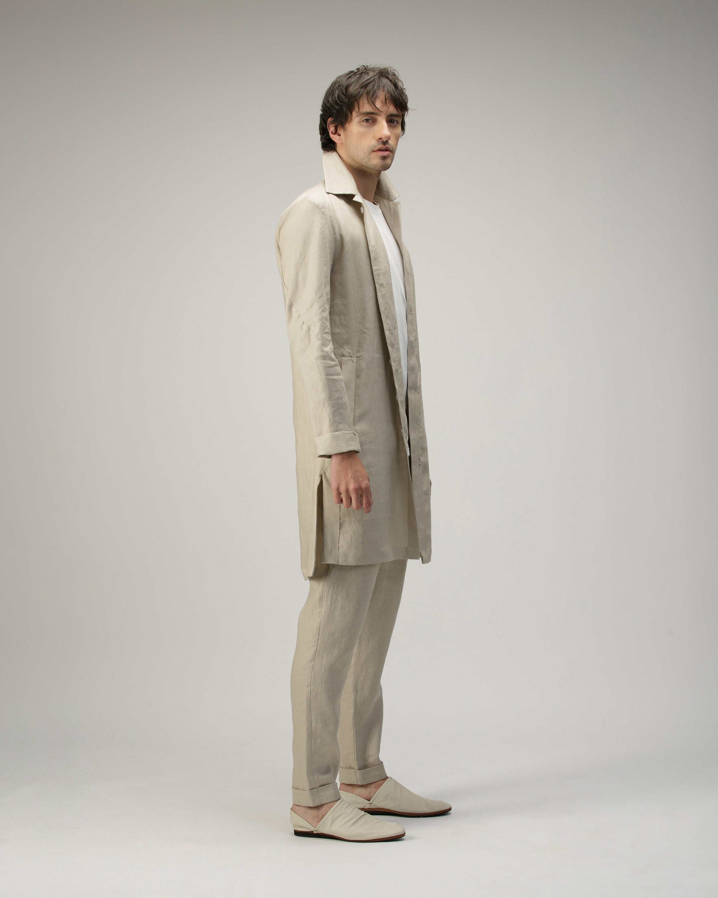 NATURAL LONG LINEN SHIRT WITH POCKETS