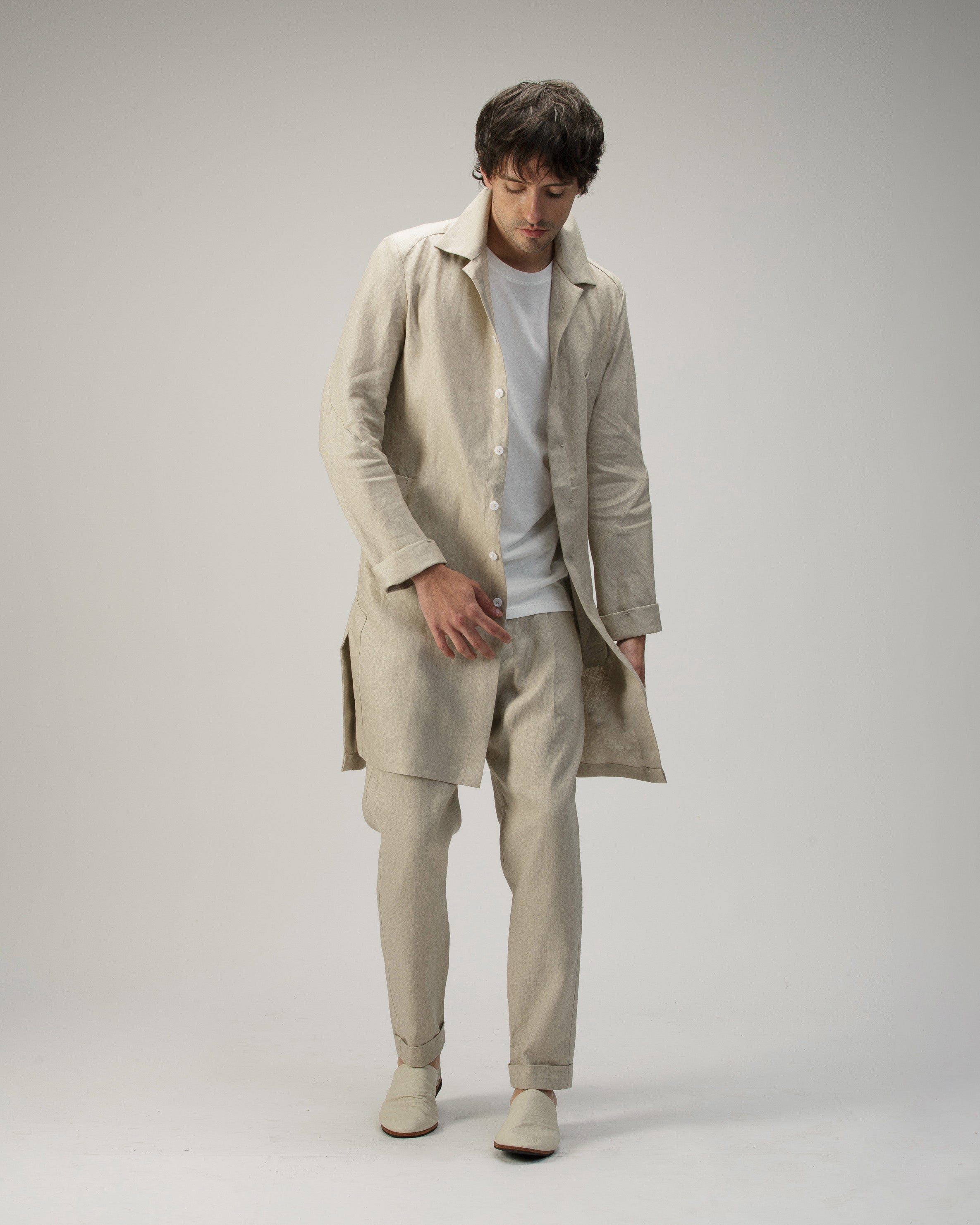NATURAL LONG LINEN SHIRT WITH POCKETS