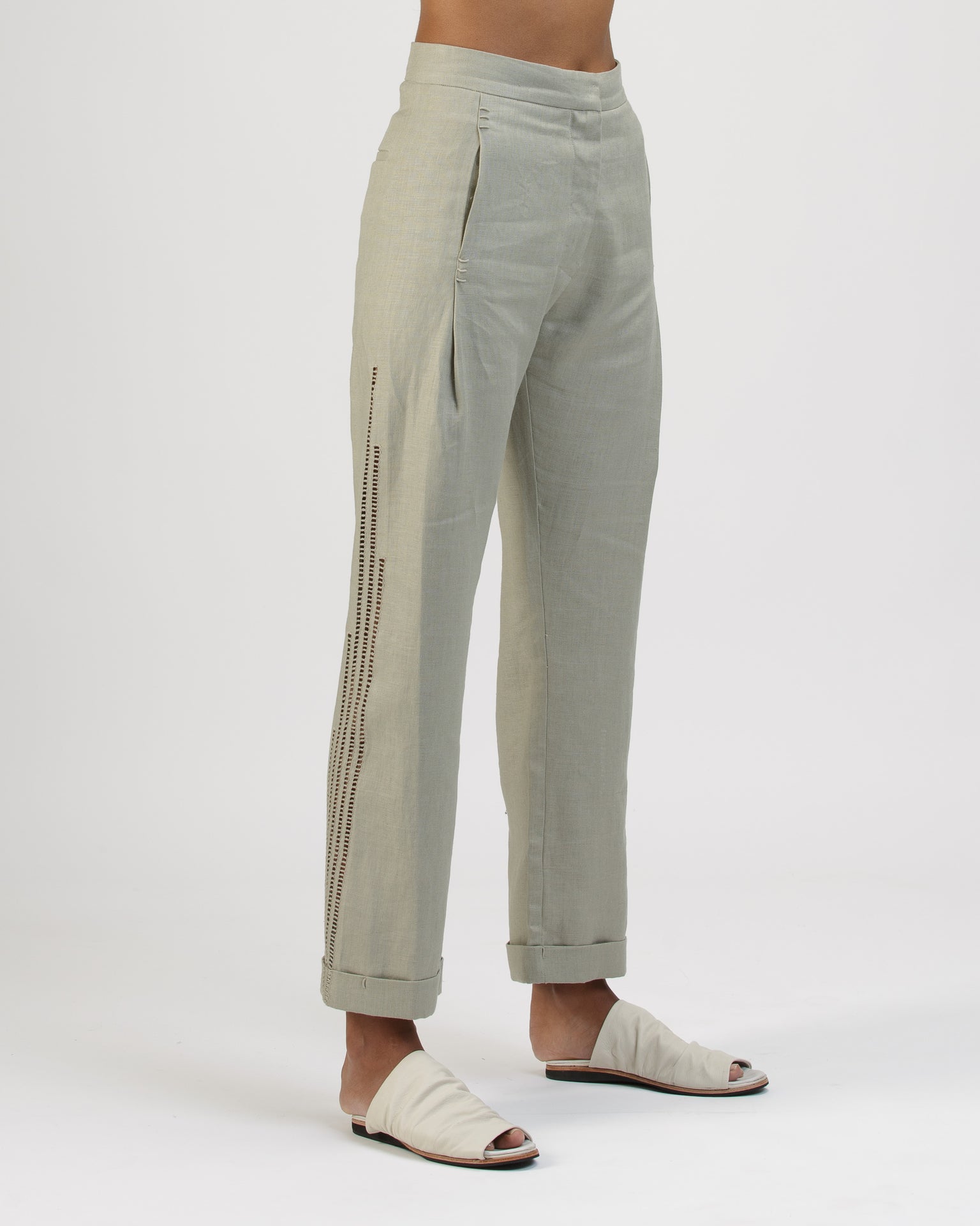 SLIM PRENSES OPENWORK TAUPE TROUSERS IN LINEN