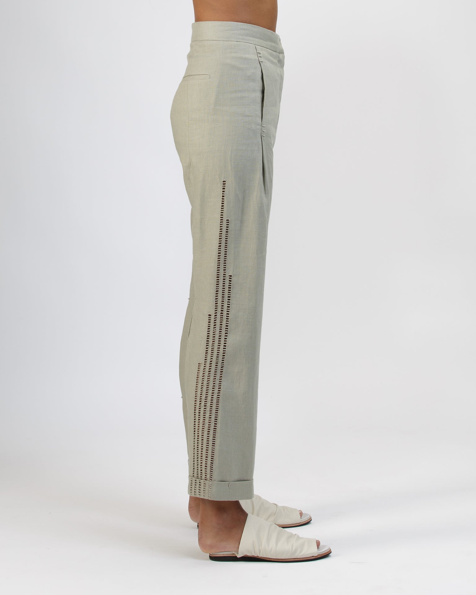 SLIM PRENSES OPENWORK TAUPE TROUSERS IN LINEN